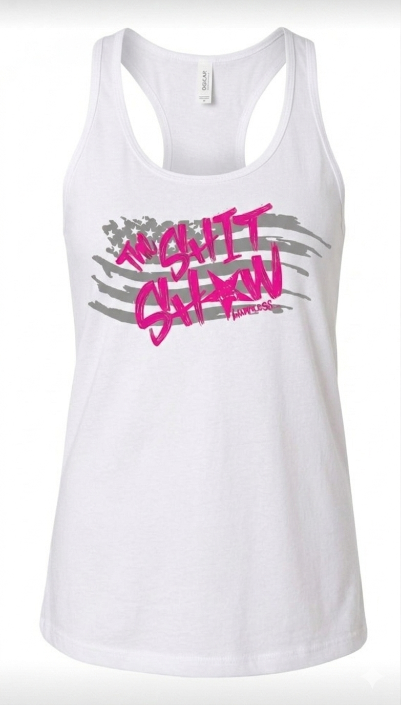 white racerback tank top with gray American flag and pink text 'The Shit Show'. design on the front