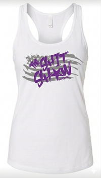 white racerback tank top with gray American flag and purple text 'The Shit Show'. design on the front