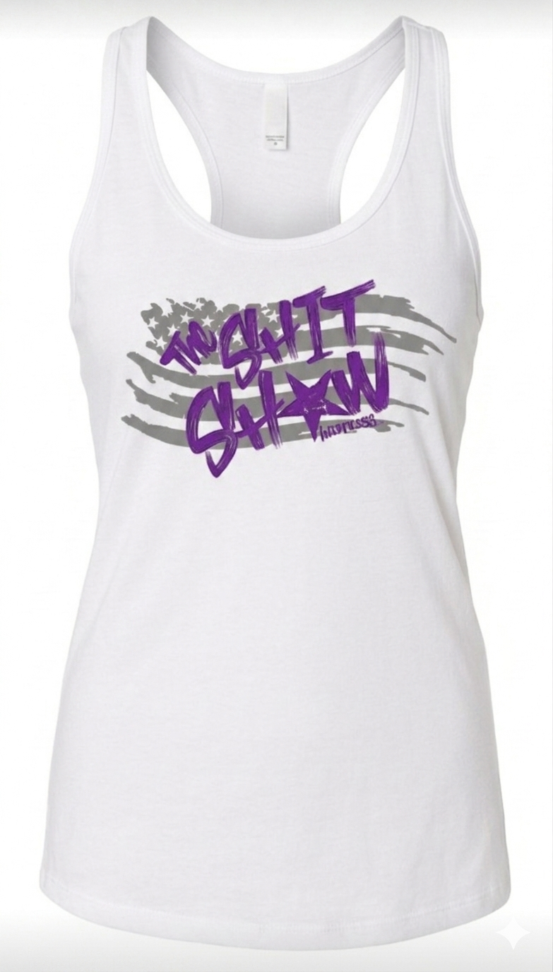 white racerback tank top with gray American flag and purple text 'The Shit Show'. design on the front