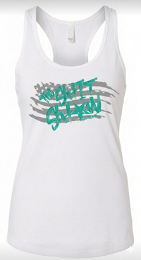 white racerback tank top with gray American flag and teal text 'The Shit Show'. design on the front