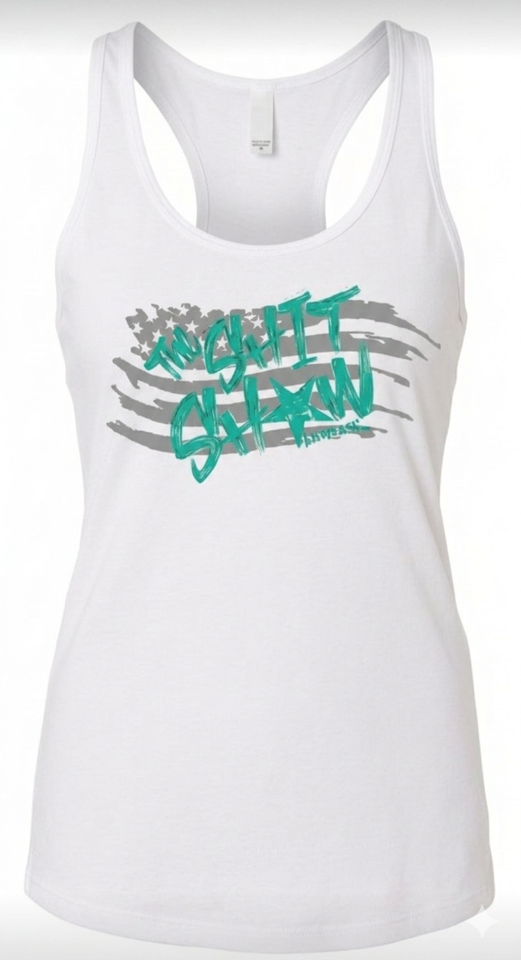 white racerback tank top with gray American flag and teal text 'The Shit Show'. design on the front