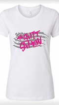 white t-shirt with gray American flag and pink text 'The Shit Show'. design on the front