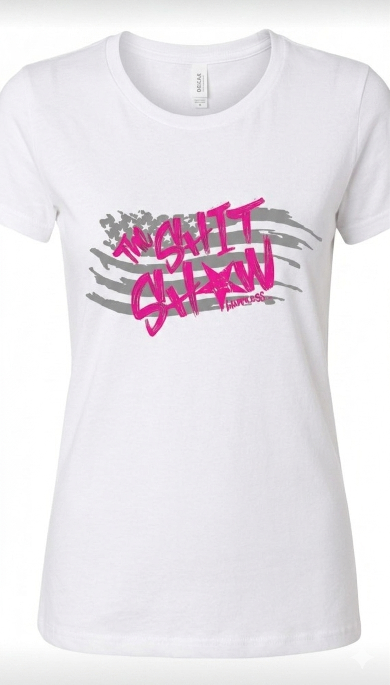 white t-shirt with gray American flag and pink text 'The Shit Show'. design on the front