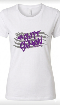 white t-shirt with gray American flag and purple text 'The Shit Show'. design on the front