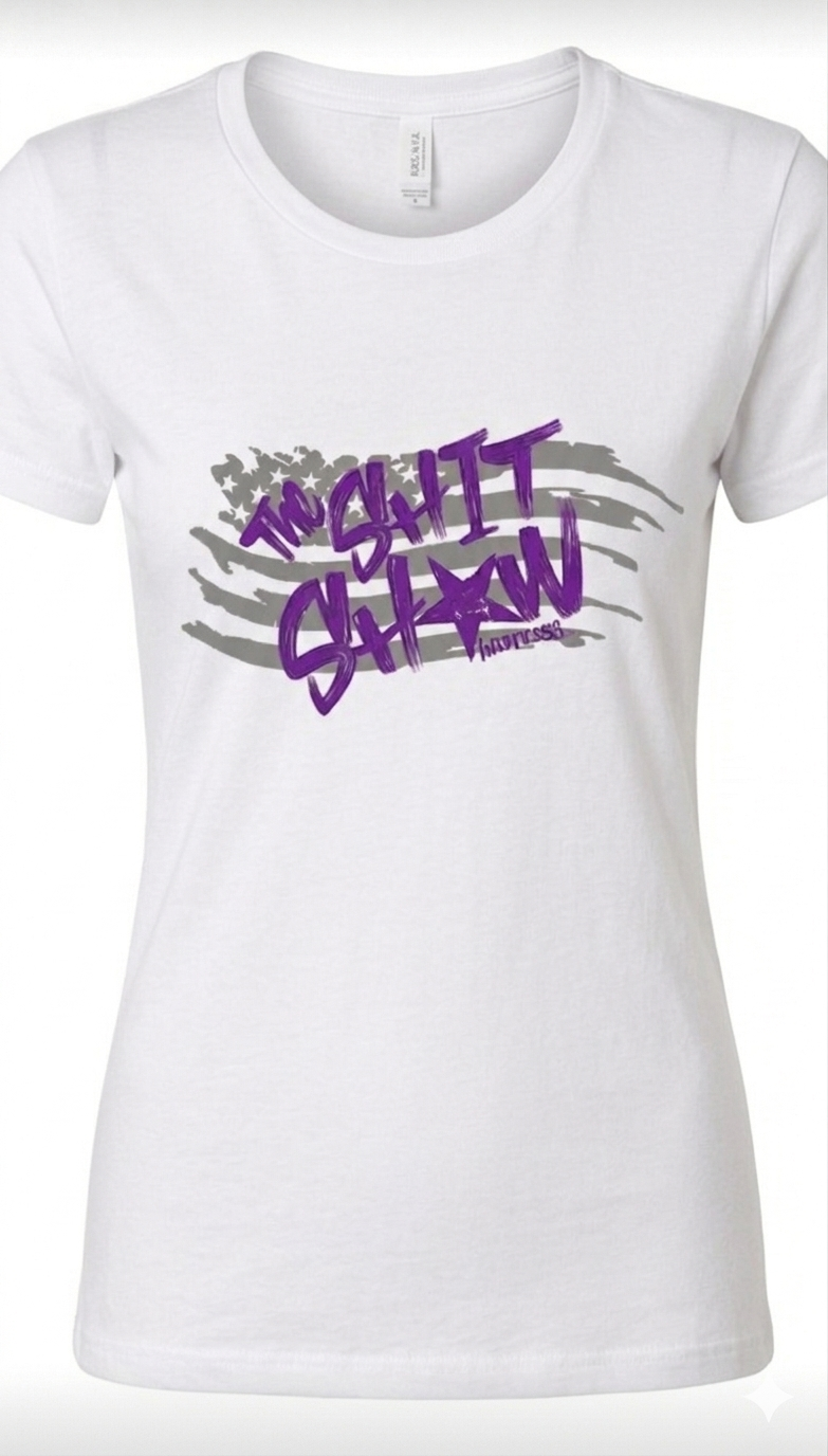 white t-shirt with gray American flag and purple text 'The Shit Show'. design on the front