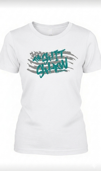 white t-shirt with gray American flag and teal text 'The Shit Show'. design on the front