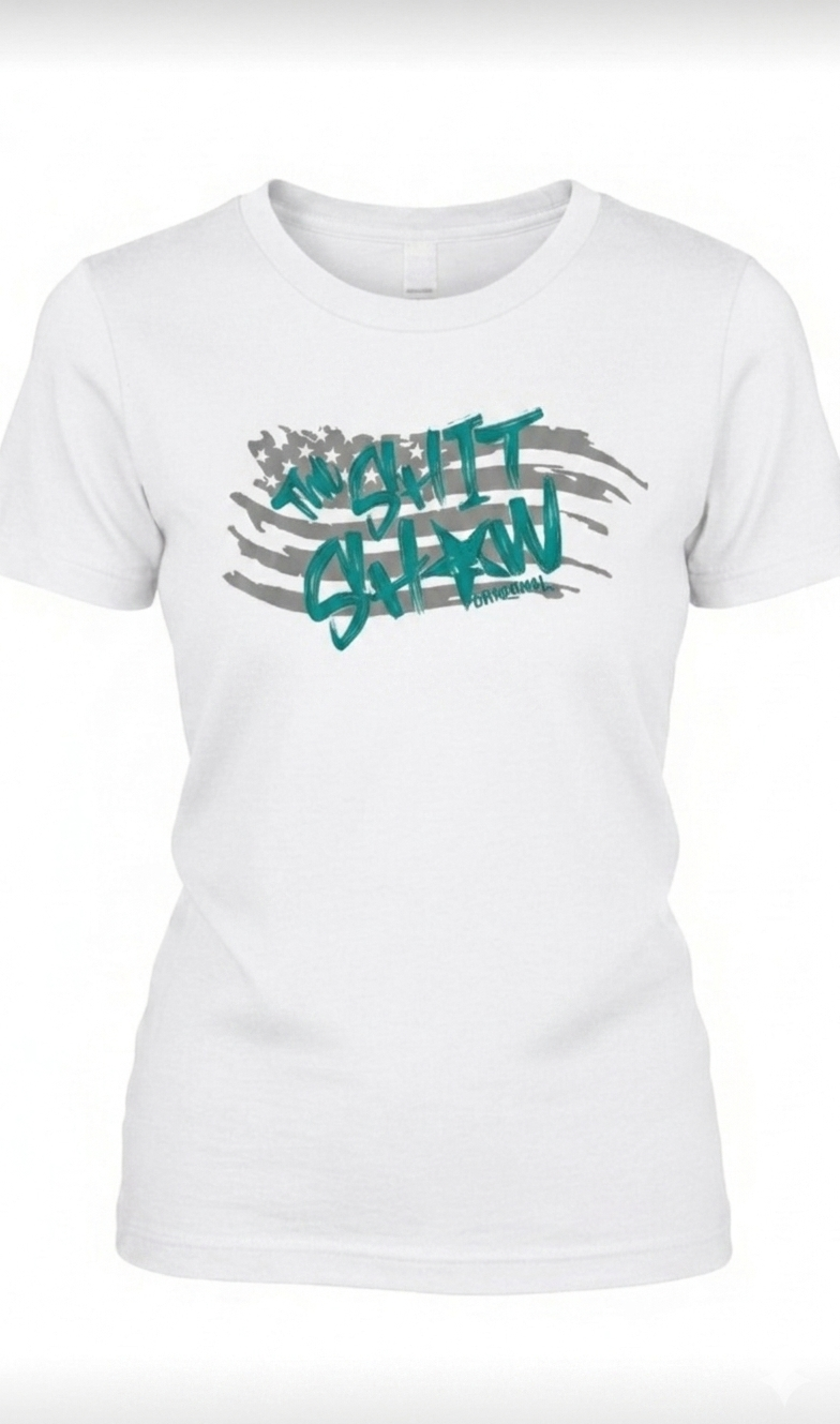 white t-shirt with gray American flag and teal text 'The Shit Show'. design on the front