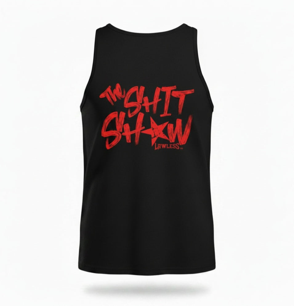 Black tank with red text 'The Shit Show' on the back