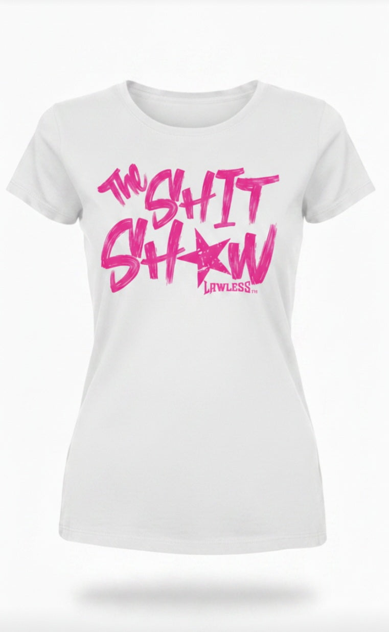 white t-shirt with pink text 'The Shit Show'. design on the front