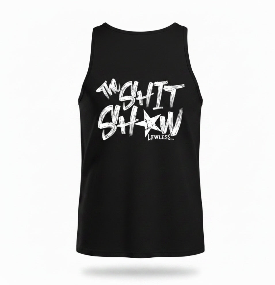 Black tank with white text 'The Shit Show' on the back