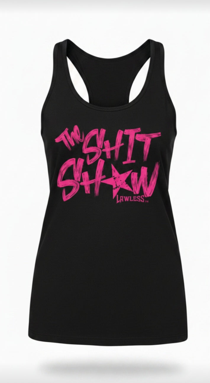 Black racerback tank top with pink text 'The Shit Show'. design on the front