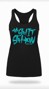 Black racerback tank top with teal text 'The Shit Show'. design on the front