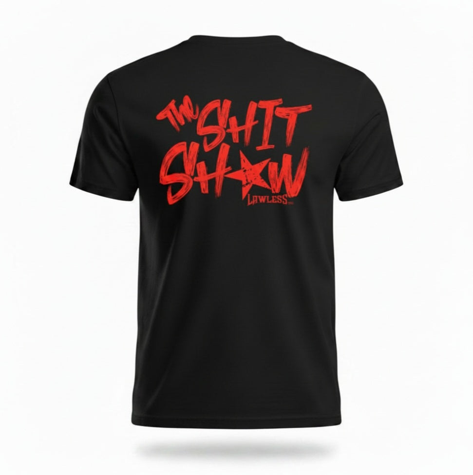 Black t-shirt with red text 'The Shit Show' on the back