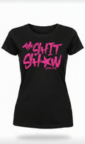 Black t-shirt with pink text 'The Shit Show'. design on the front