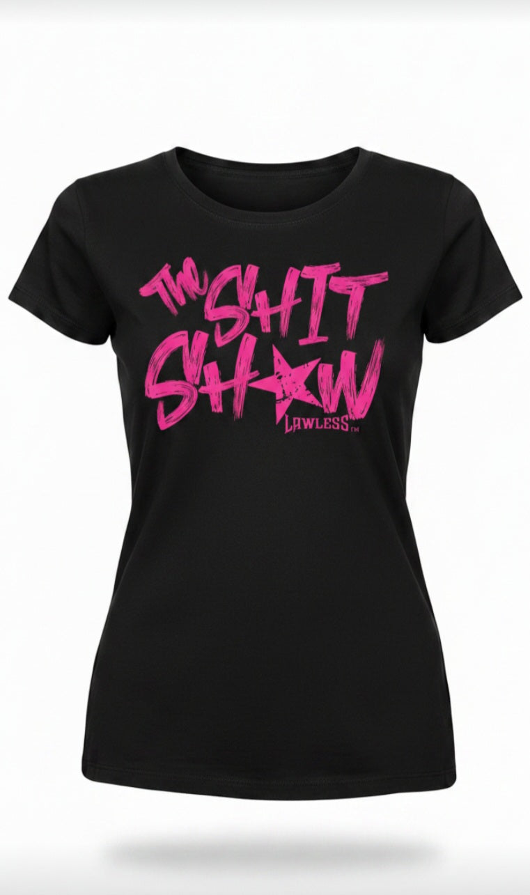 Black t-shirt with pink text 'The Shit Show'. design on the front