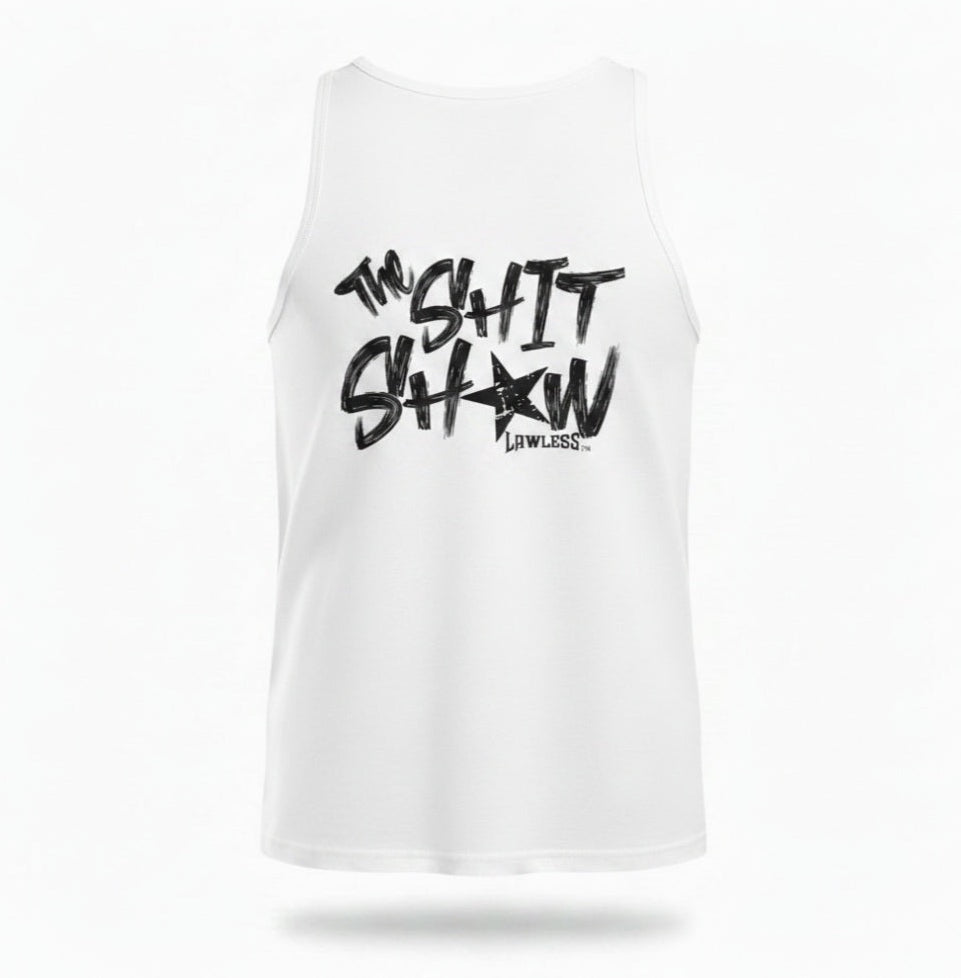 White t-shirt with black text 'The Shit Show' on the back