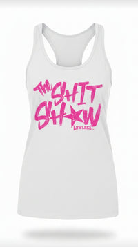 white racerback tank top with pink text 'The Shit Show'. design on the front