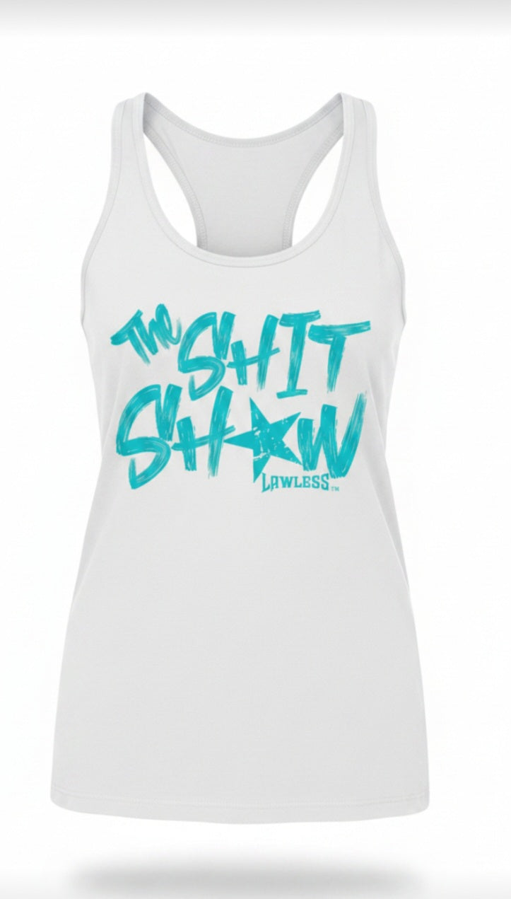 white racerback tank top with teal text 'The Shit Show'. design on the front