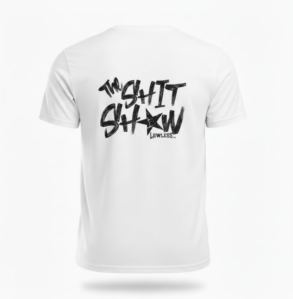 White t-shirt with black text 'The Shit Show' on the back