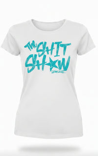 white t-shirt with teal text 'The Shit Show'. design on the front